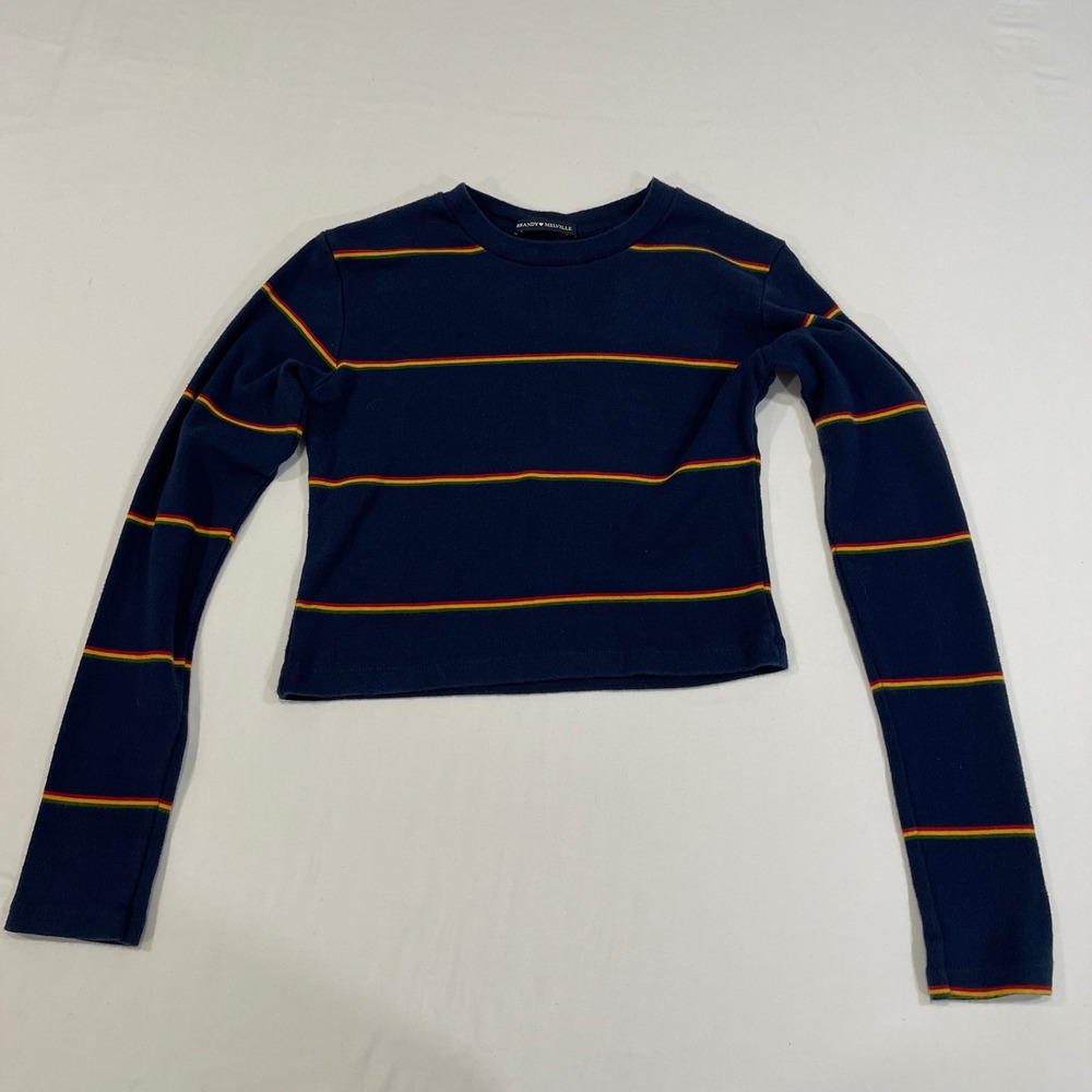 Brandy Melville Striped Long Sleeve Women One Size Navy Blue Ribbed | Indie Core